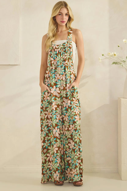 retro vintage garden print floral overall jumpsuit with adjustable straps and boho wide-leg silhouette
