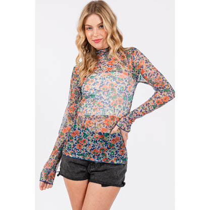 floral mesh long sleeve turtle neck top with sheer floral pattern