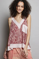 POL lightweight v-neck sleeveless top with floral print and rib patch accents