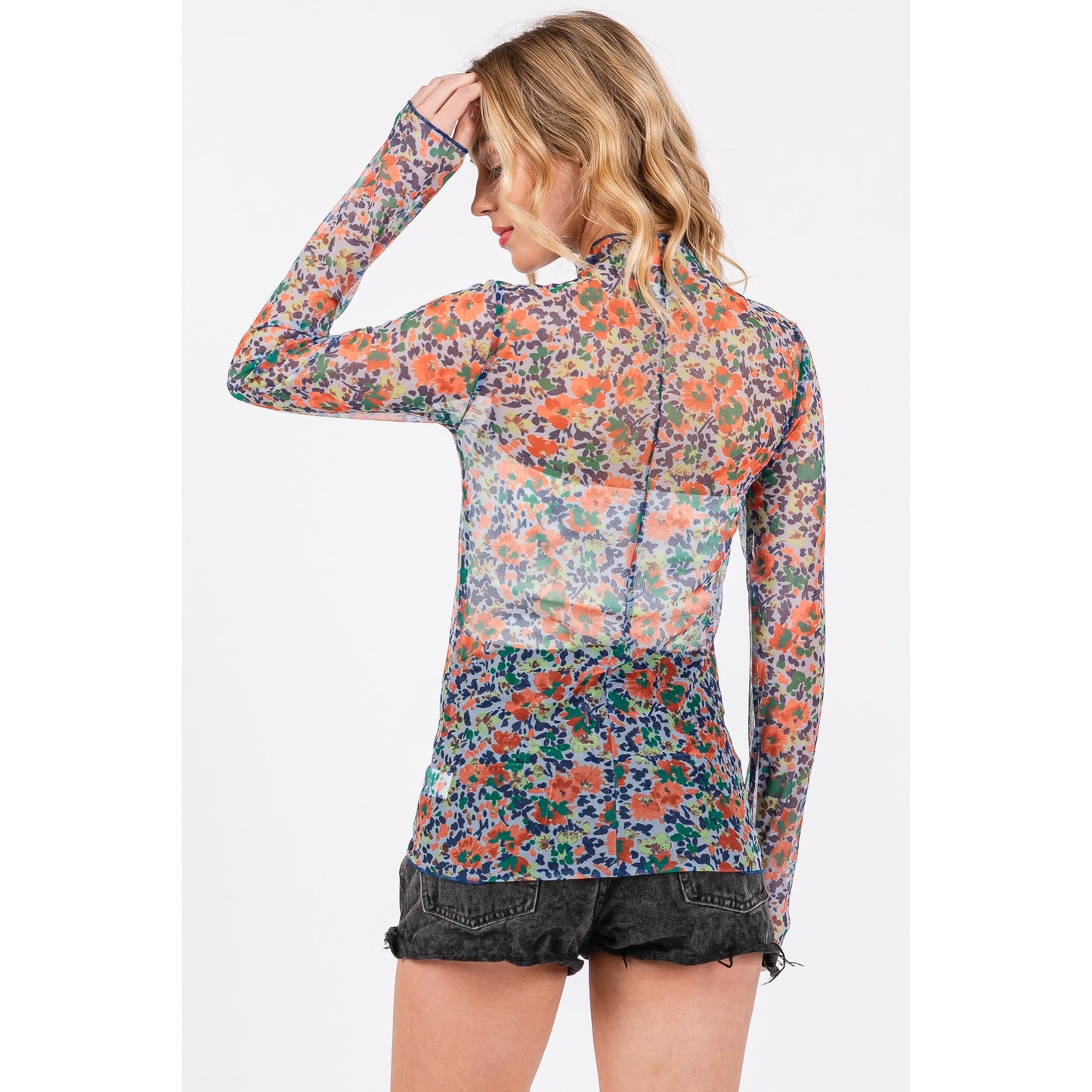 floral mesh long sleeve turtle neck top with sheer floral pattern