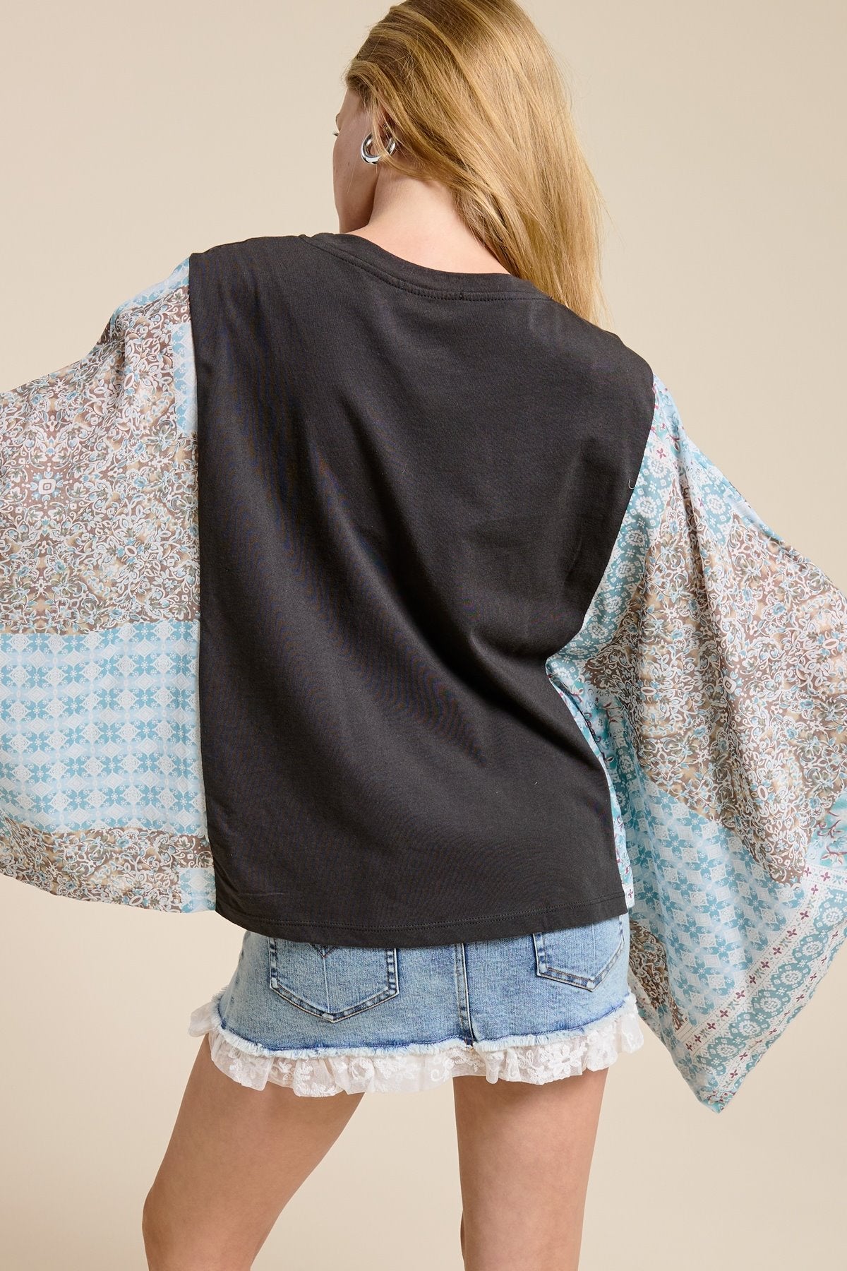 peace graphic boho contrast poncho top with puff brush print and relaxed fit