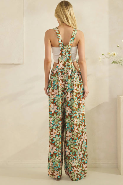 retro vintage garden print floral overall jumpsuit with adjustable straps and boho wide-leg silhouette