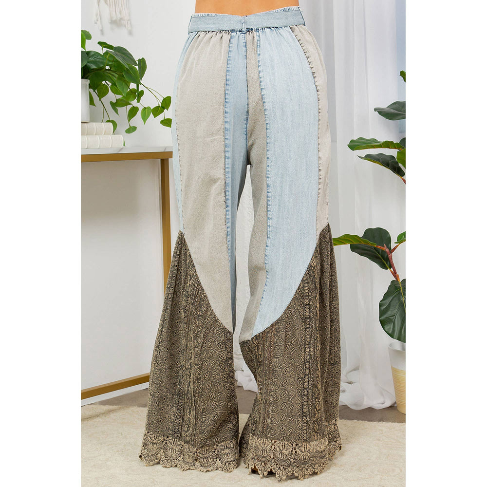 wild west lace rhapsody denim lace flare pants with decorative lace accents