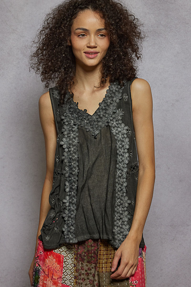 POL sleeveless top with contrast floral lace, crochet detail, and V-neck