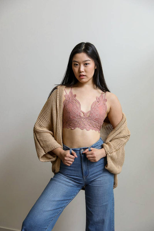 Padded crochet lace longline bralette in soft fabric for boho layering and relaxed comfort