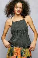 square neck sleeveless floral embroidered top with washed effect finish