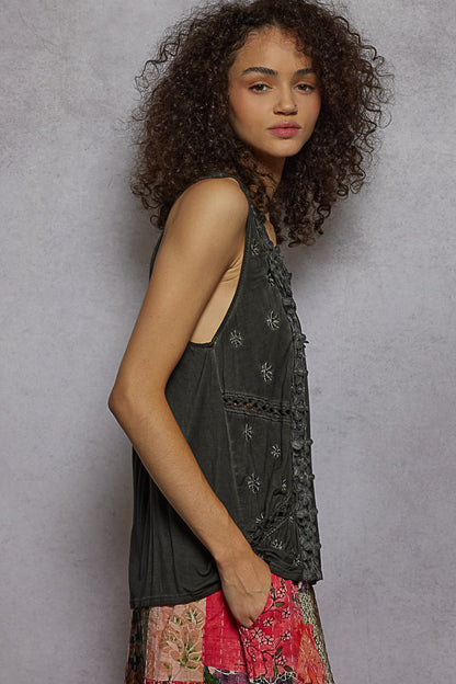 POL sleeveless top with contrast floral lace, crochet detail, and V-neck