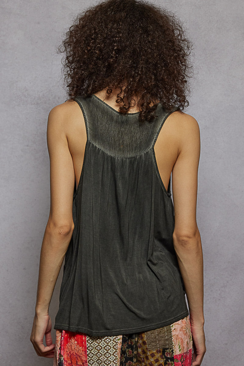 POL sleeveless top with contrast floral lace, crochet detail, and V-neck