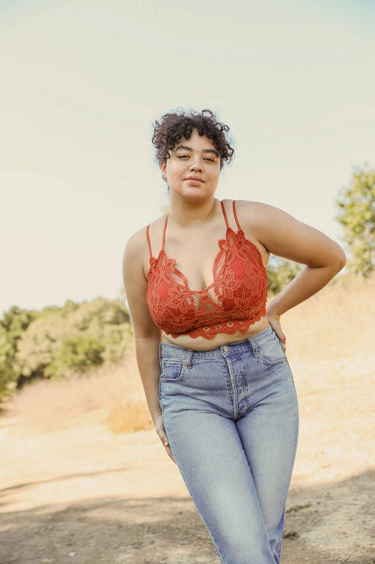 XL padded crochet lace longline bralette with boho lace detailing and comfortable fit