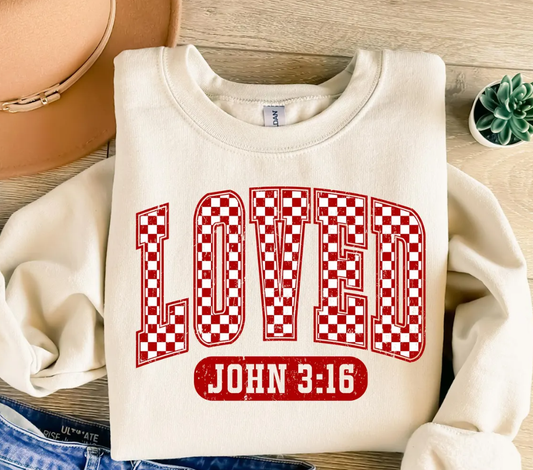 Loved John 3:16 Valentine’s sweatshirt with graphic text and cozy fit