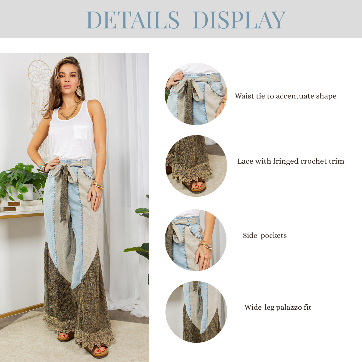 wild west lace rhapsody denim lace flare pants with decorative lace accents