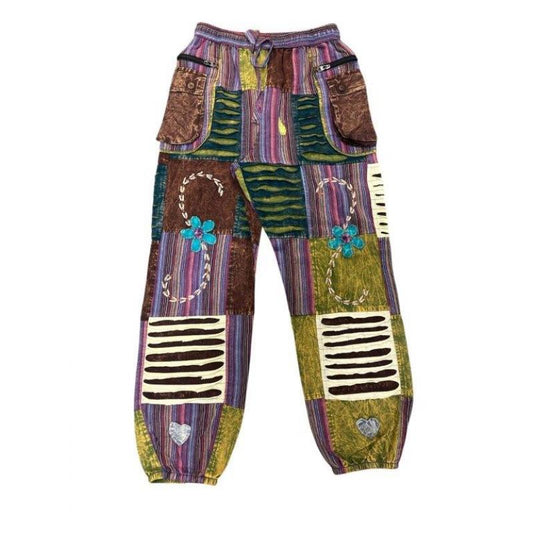 festival bloom patchwork joggers with colorful boho print and elastic waist