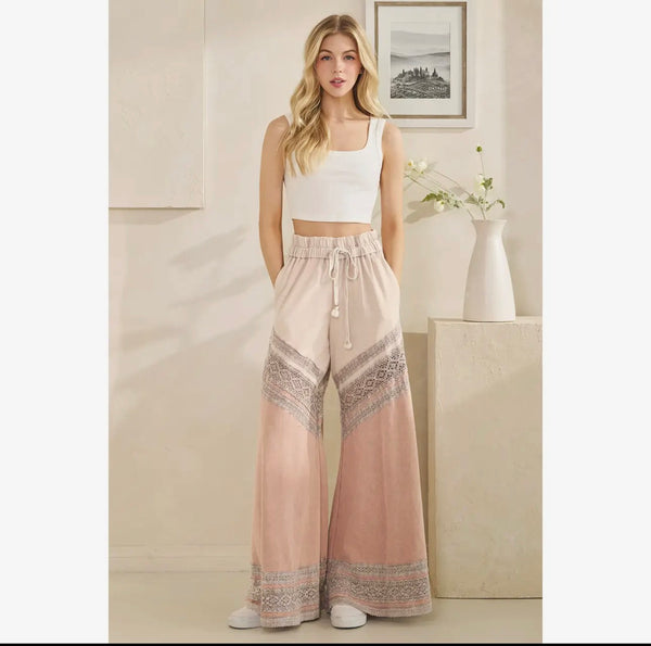 Washed Fabric Mix Wide Leg Pants