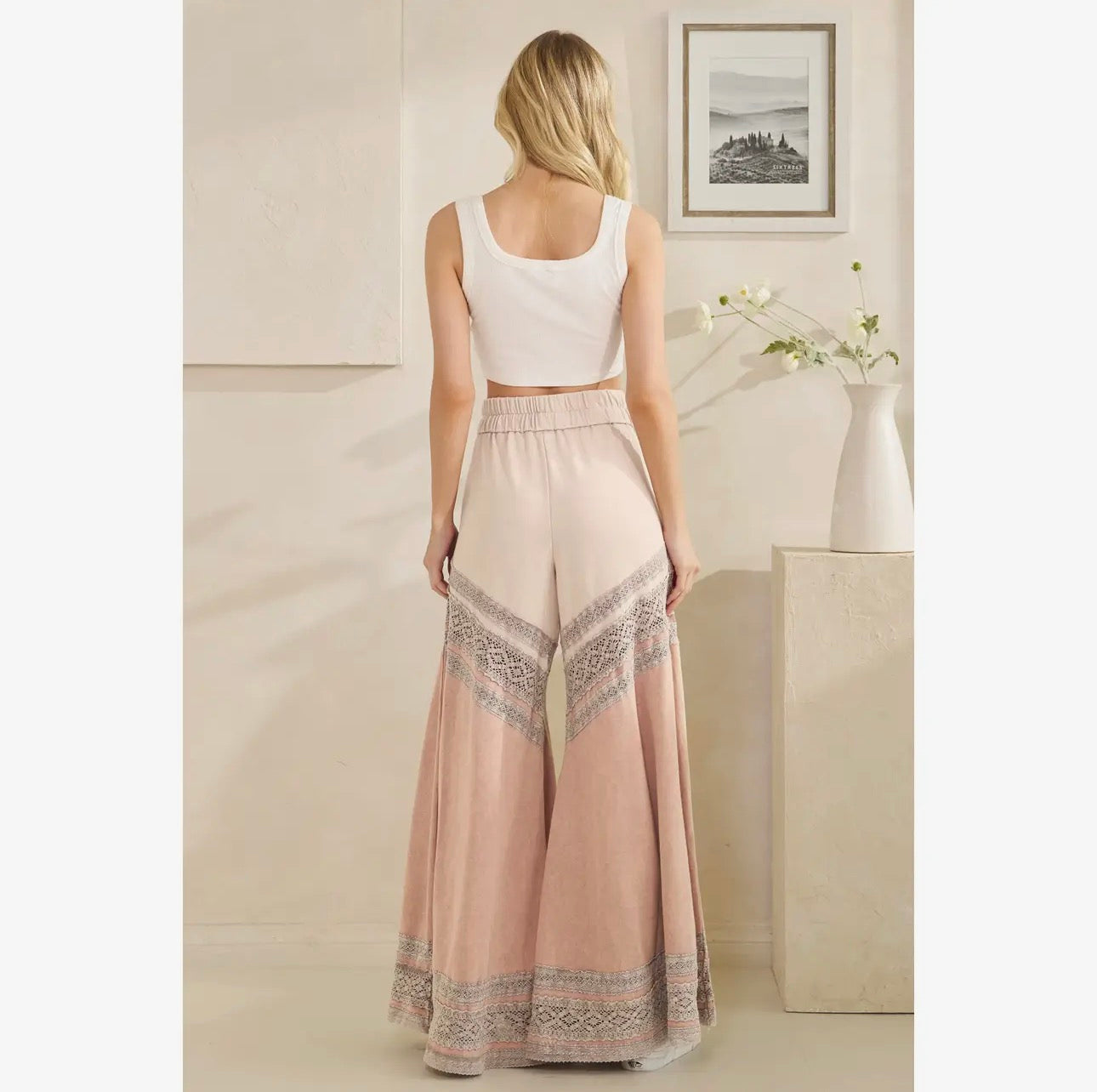 washed fabric mix wide leg pants with blended tones and comfortable style