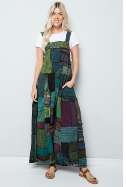 Emerald Patchwork Boho Overalls