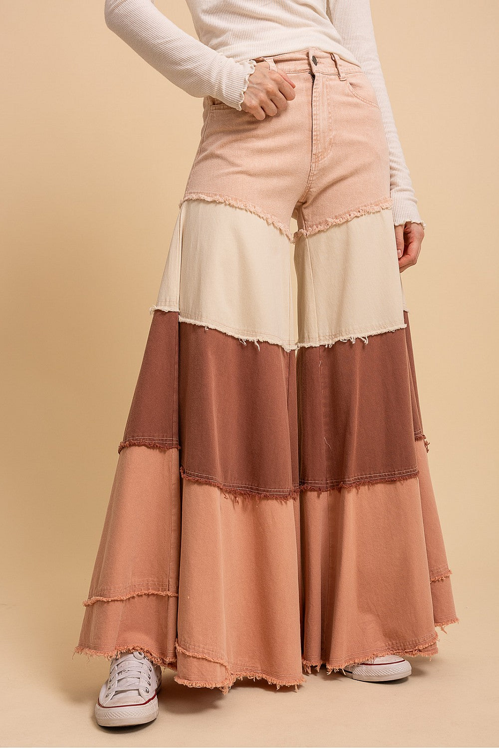 tiered contrast wide leg pants with layered fabric and relaxed silhouette