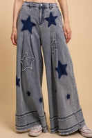 star patch wide leg stretchy denim pants with fun star details and relaxed fit