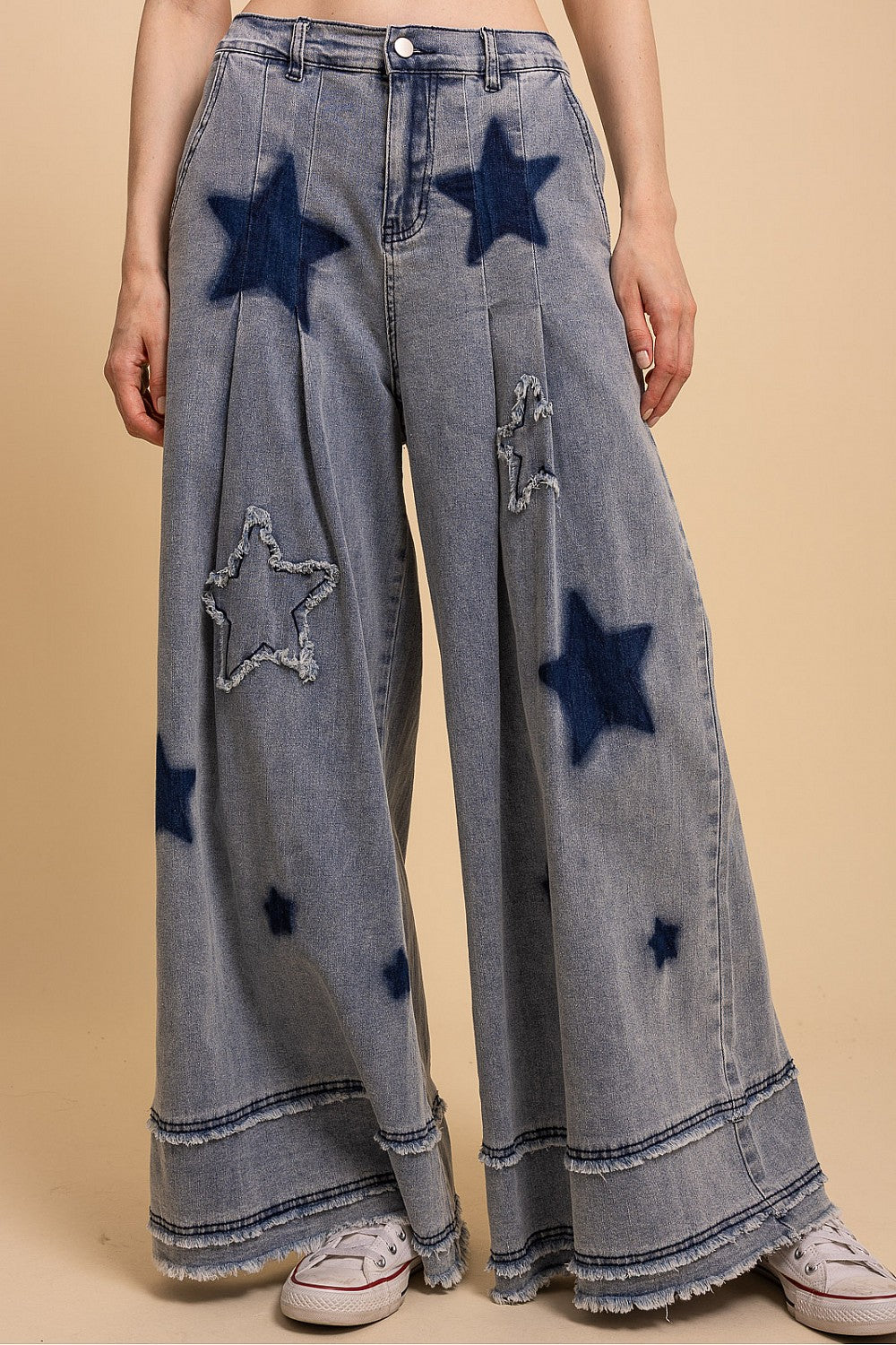 star patch wide leg stretchy denim pants with fun star details and relaxed fit