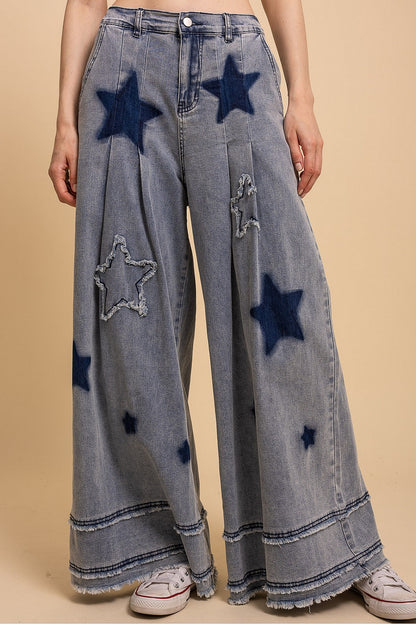 star patch wide leg stretchy denim pants with fun star details and relaxed fit