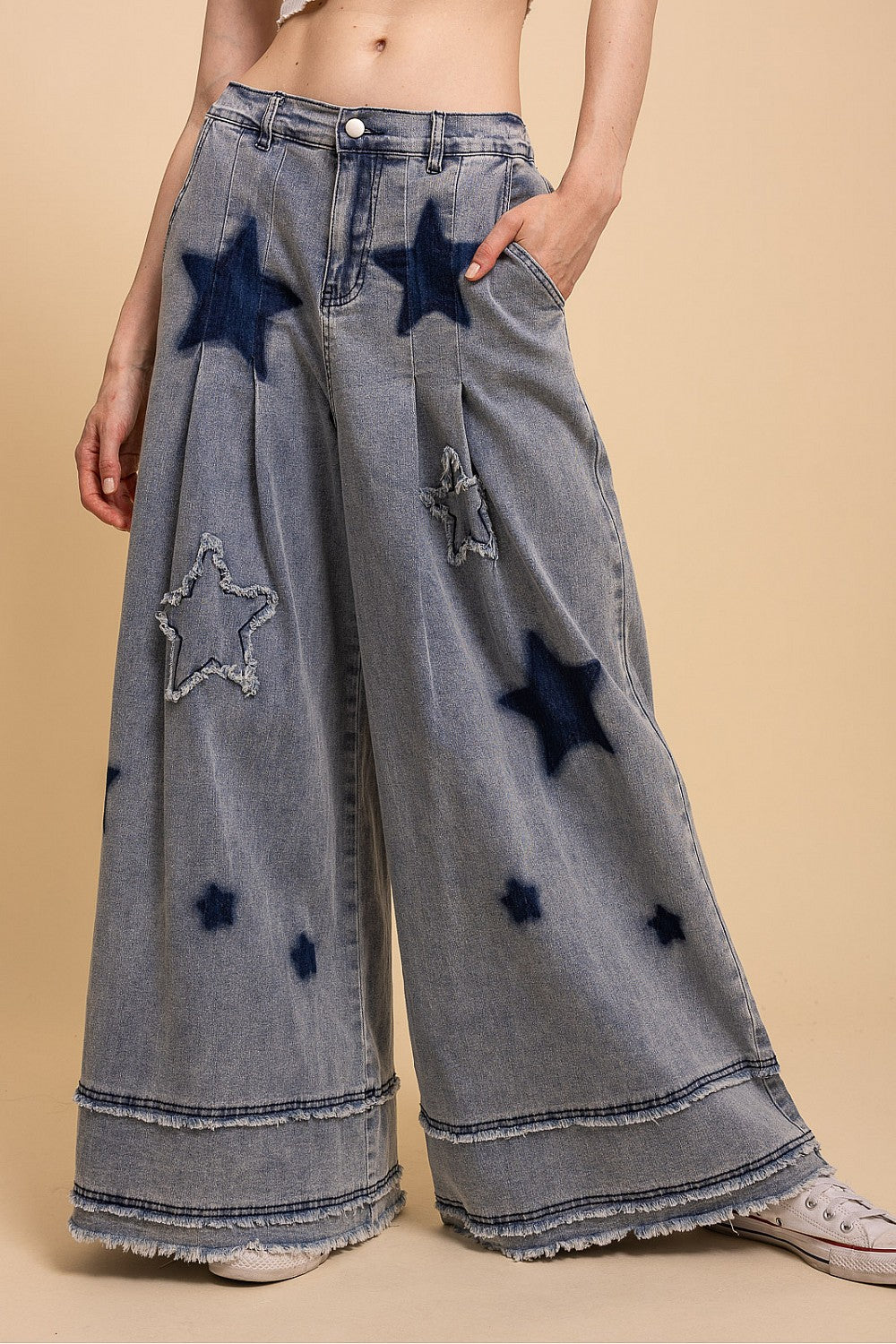 star patch wide leg stretchy denim pants with fun star details and relaxed fit