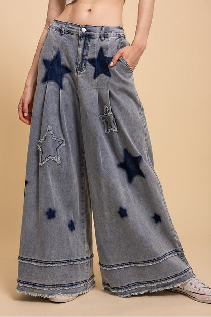 star patch wide leg stretchy denim pants with fun star details and relaxed fit