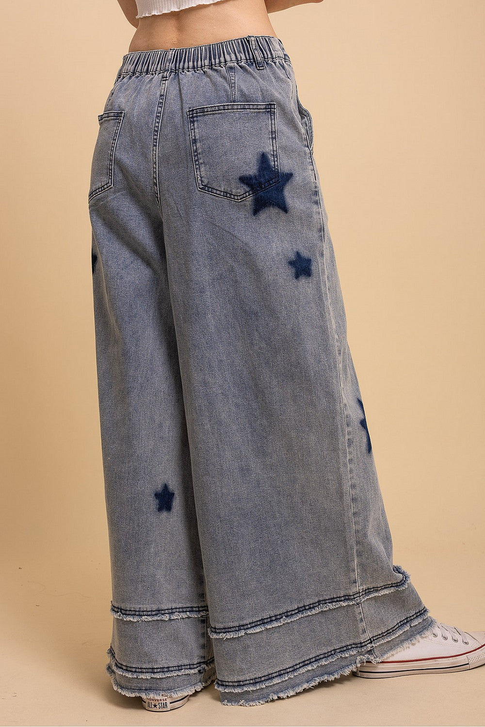 star patch wide leg stretchy denim pants with fun star details and relaxed fit