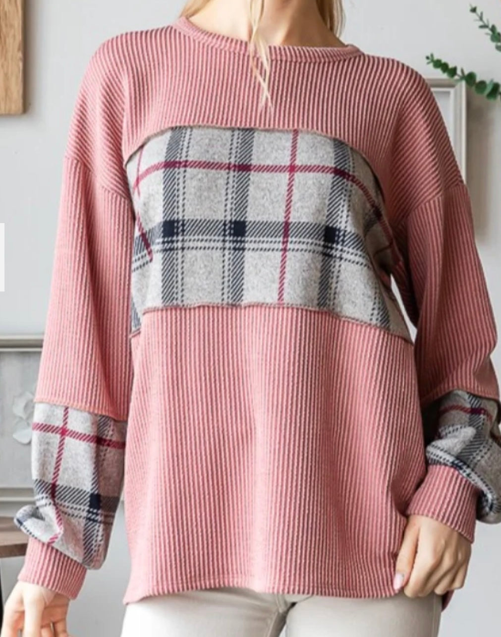 Blush & Cozy Ribbed Plaid Patch Top