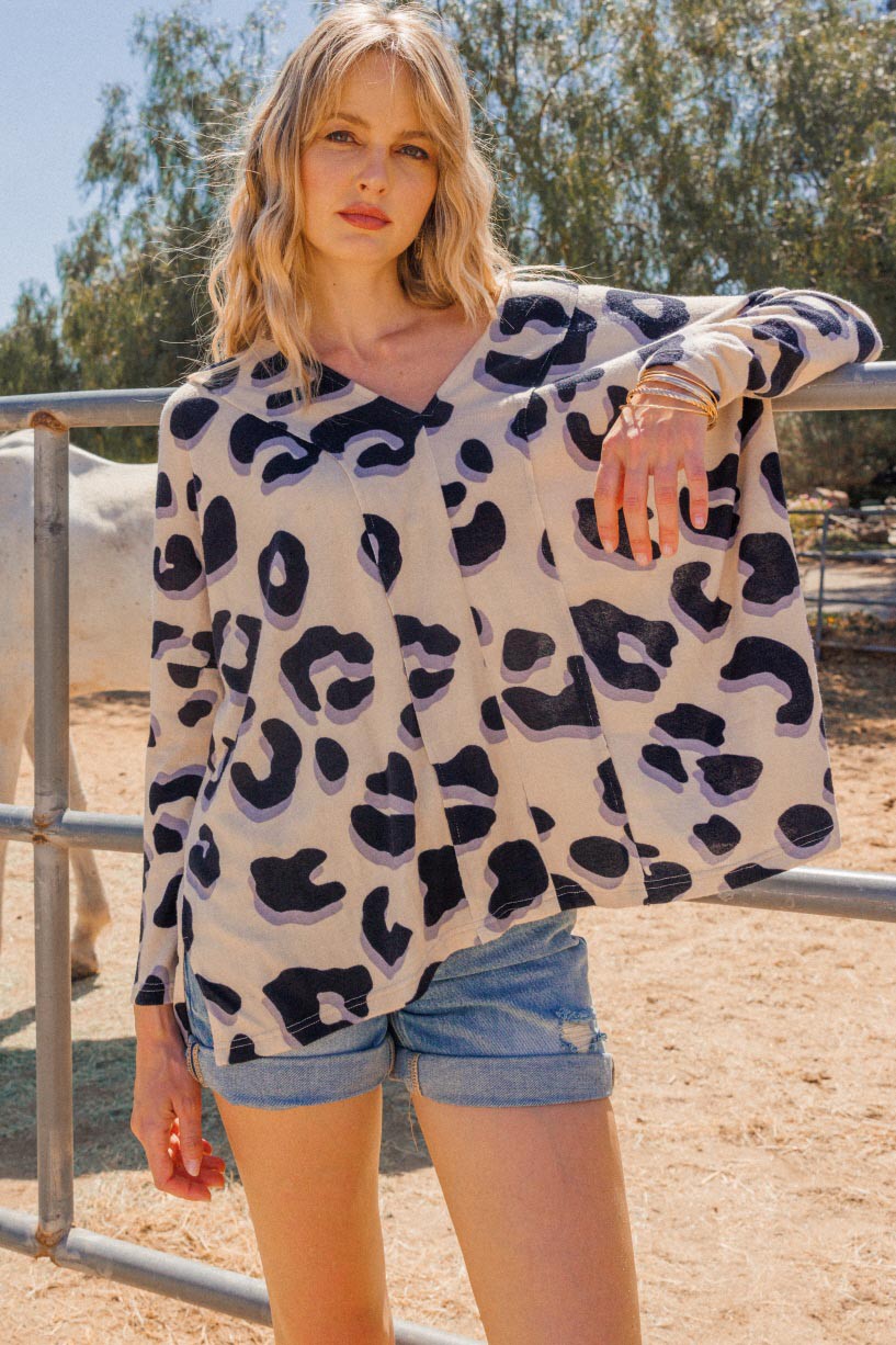 Oddi Leopard Printed Hacci Knit Oversized Poncho