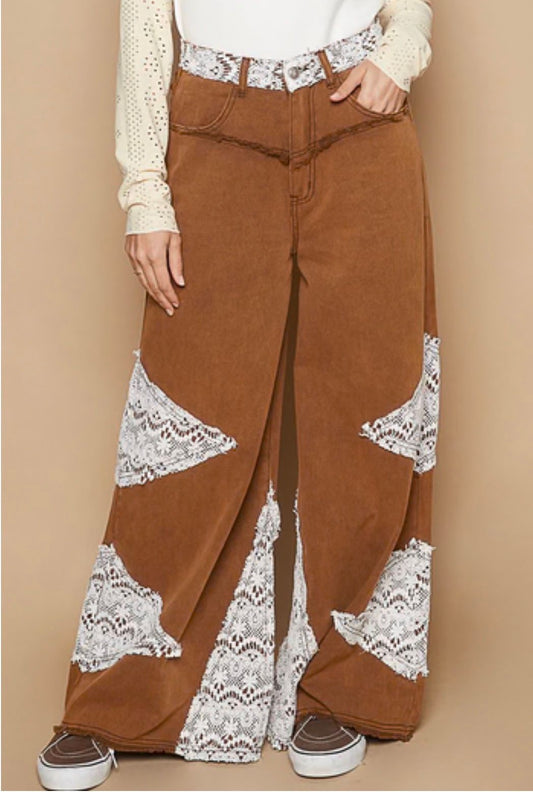 POL vintage washed jeans with crochet patch details in rustic brown boho style