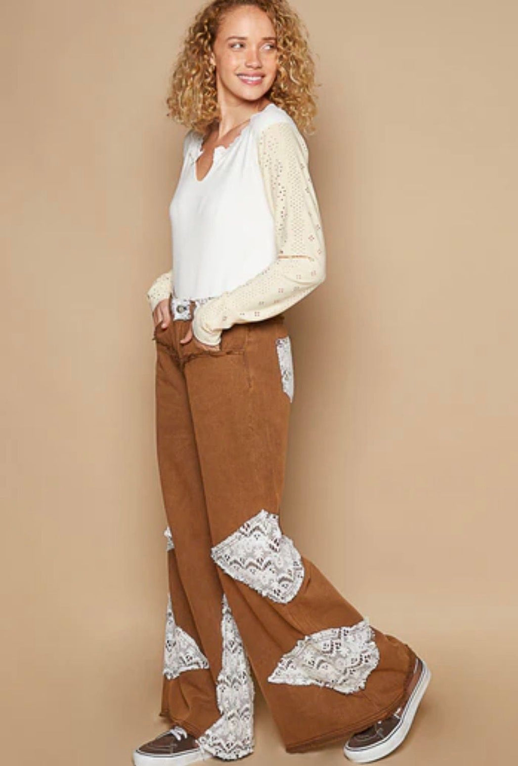 POL Vintage Washed Jeans with Crochet Patches Rustic Brown