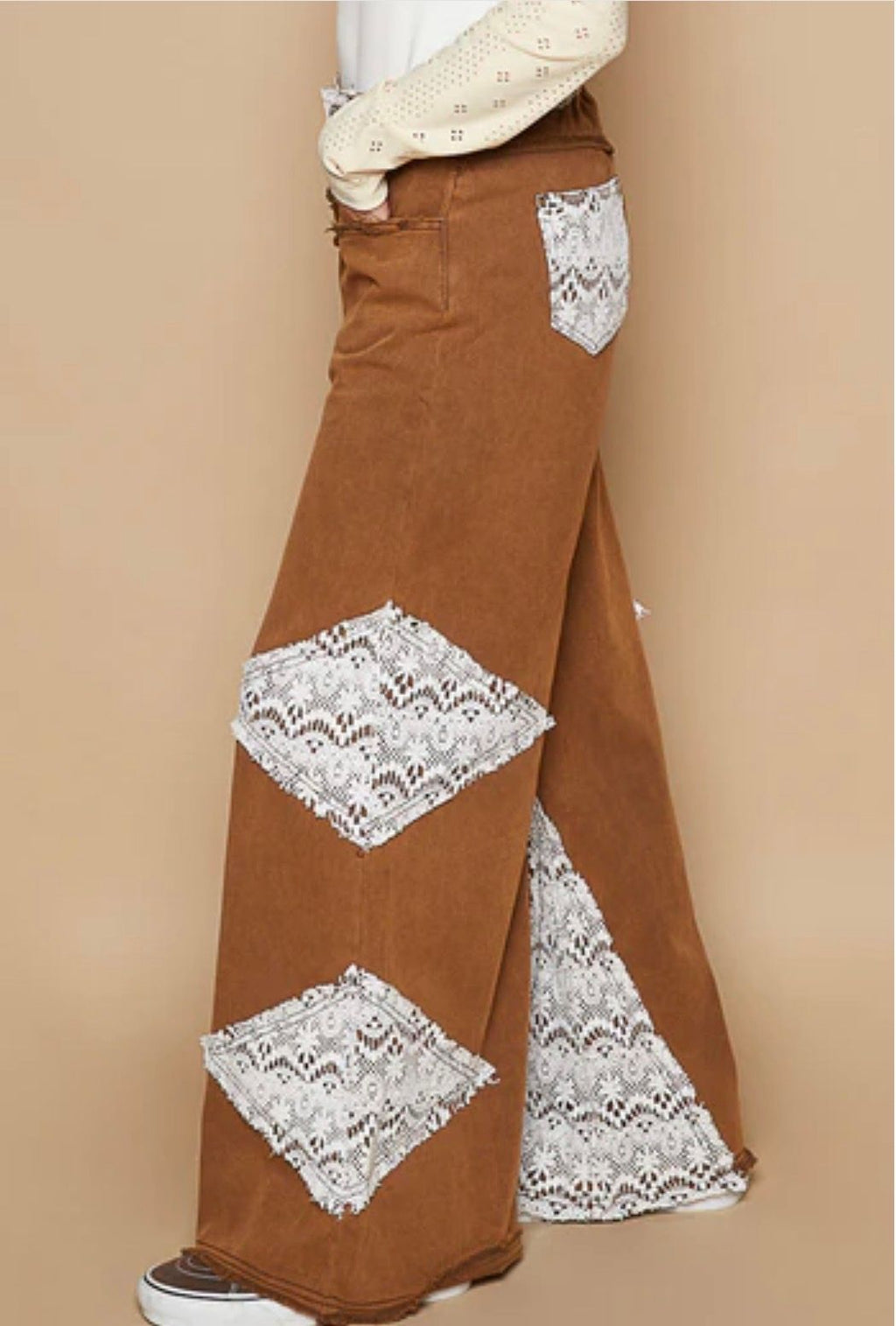 POL Vintage Washed Jeans with Crochet Patches Rustic Brown