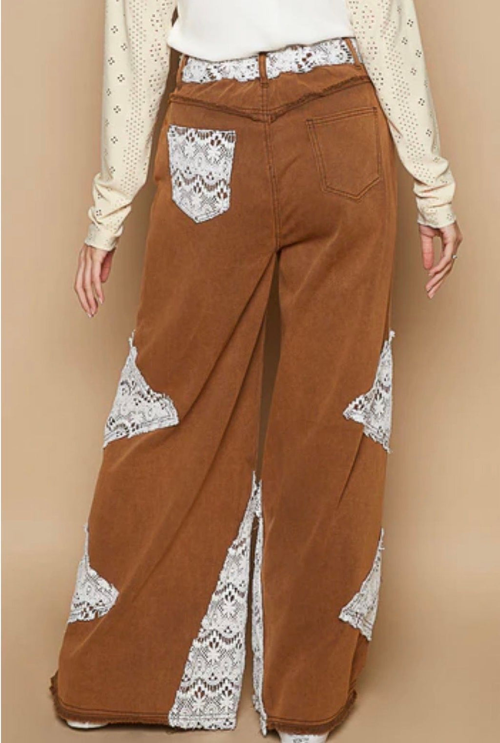 POL Vintage Washed Jeans with Crochet Patches Rustic Brown