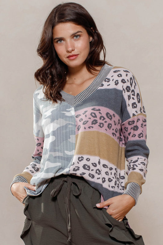 Oddi print-block rib knit top with contrasting block patterns and rib texture