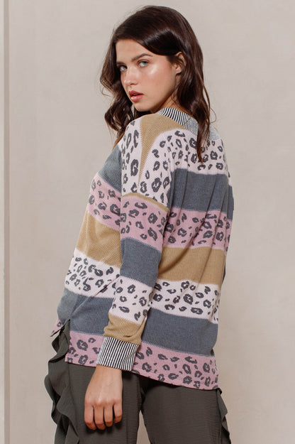 Oddi print-block rib knit top with contrasting block patterns and rib texture