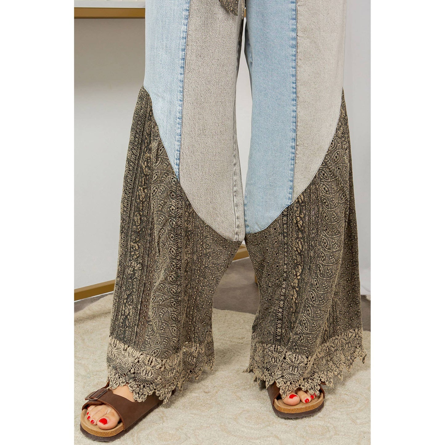 wild west lace rhapsody denim lace flare pants with decorative lace accents