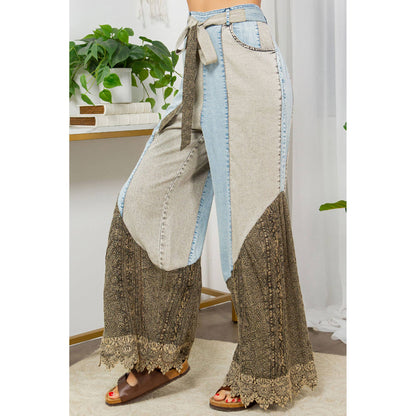 wild west lace rhapsody denim lace flare pants with decorative lace accents