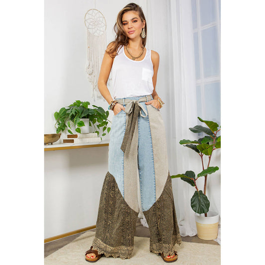 wild west lace rhapsody denim lace flare pants with decorative lace accents