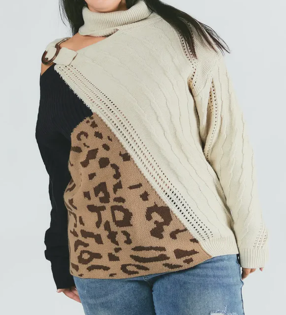 Plus Turtleneck Leopard Asymmetrical Colorblock Sweater