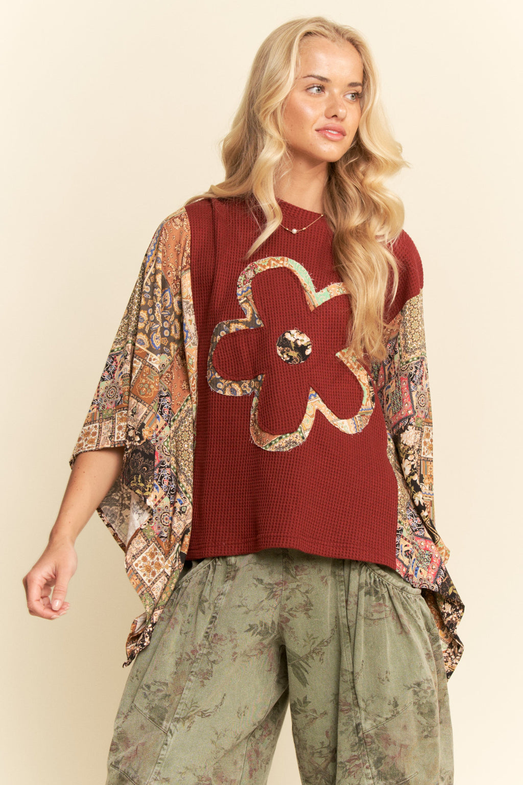 Davi & Dani Boho Patchwork Knit Top