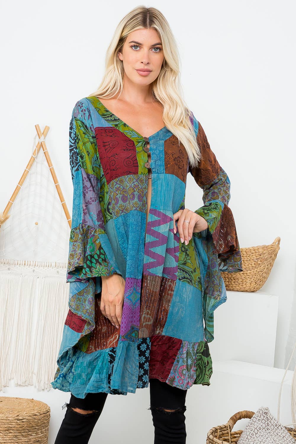 patchwork ruffle kimono with mixed prints and feminine ruffle trim