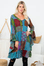 patchwork ruffle kimono with mixed prints and feminine ruffle trim