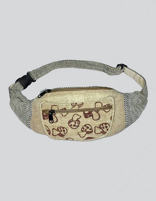 mushroom print fanny pack waist bag with whimsical mushroom pattern and casual boho style